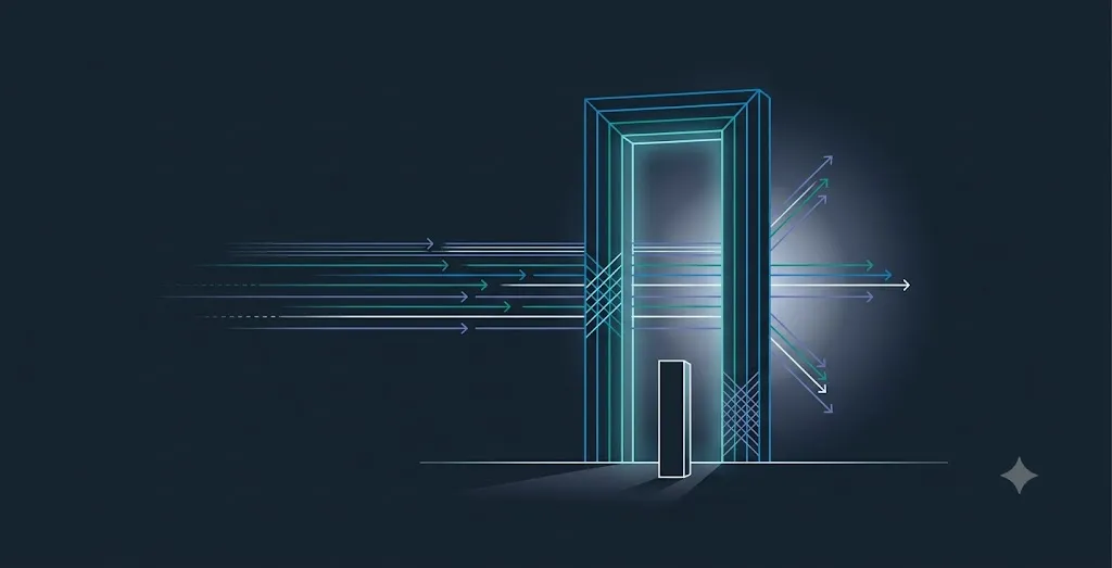 Illustrazione geometrica di un portale-checkpoint: flussi di dati luminosi convergono verso un varco che ne lascia passare alcuni e ne devia altri, metafora del robots.txt che regola l'accesso dei crawler.