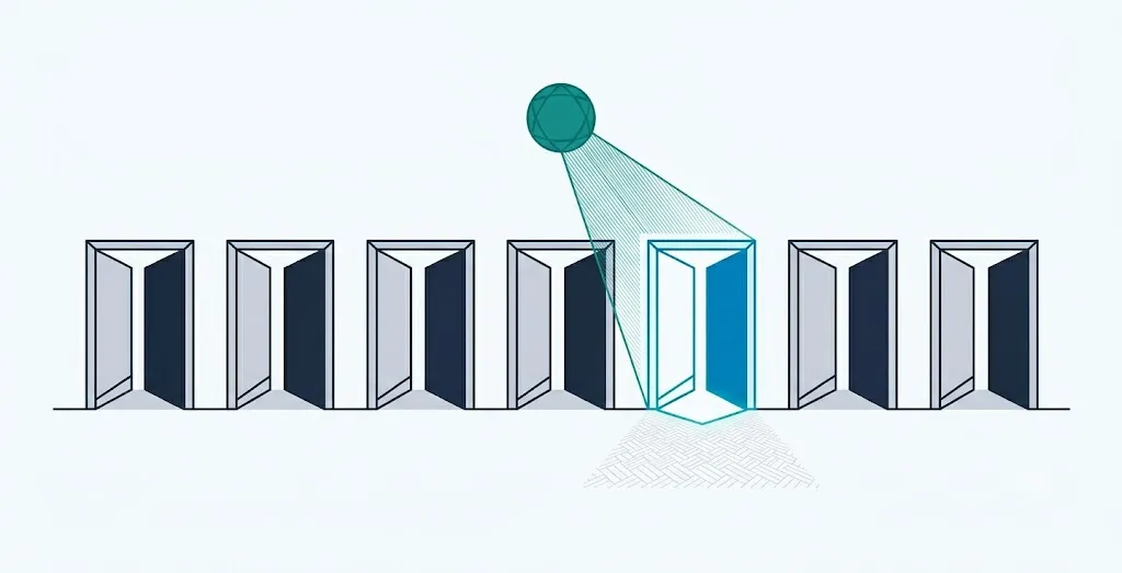 Illustrazione di una fila di porte aperte di cui una sola viene illuminata e scelta da un fascio di luce: essere accessibili non significa essere citati.