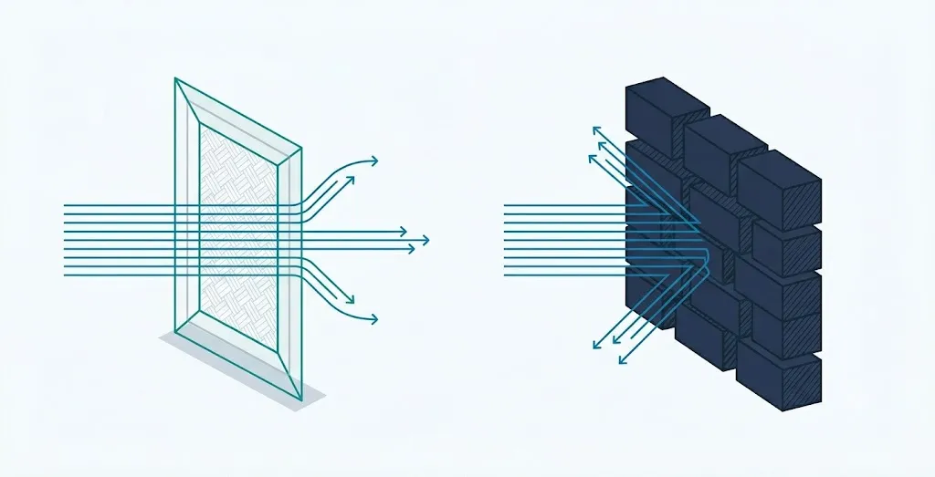 Confronto tra un cartello semipermeabile che i flussi di dati possono attraversare (robots.txt, adesione volontaria) e un muro che li blocca davvero (firewall/WAF).