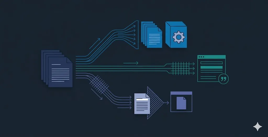 Illustrazione di un'unica fonte web da cui partono tre percorsi geometrici distinti verso tre destinazioni diverse: addestramento, ricerca e citazione, recupero su richiesta.