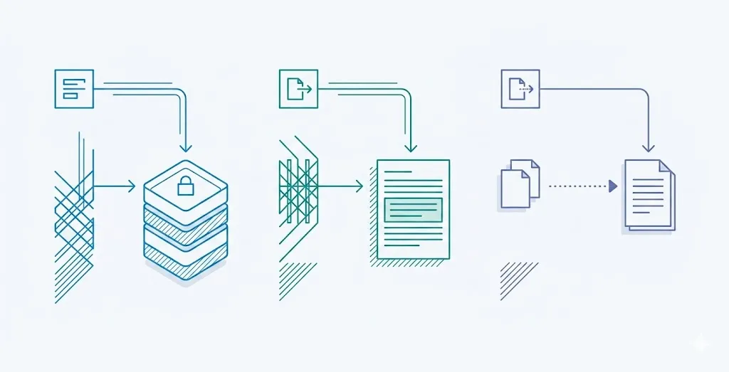 Schema a tre colonne che distingue le tre funzioni dei bot AI: addestramento (archivio sigillato), ricerca e citazione (risposta con fonte citata), recupero on-demand (singola pagina).