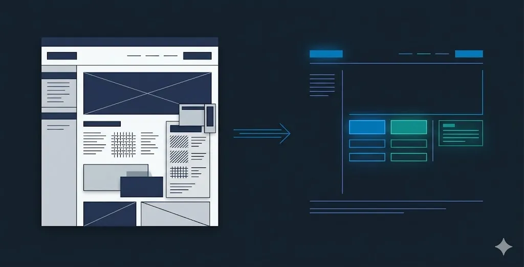 Illustrazione di una pagina web ingombra che viene distillata in pochi blocchi di contenuto strutturati e illuminati: ciò che il modello AI effettivamente legge dopo aver rimosso il rumore.