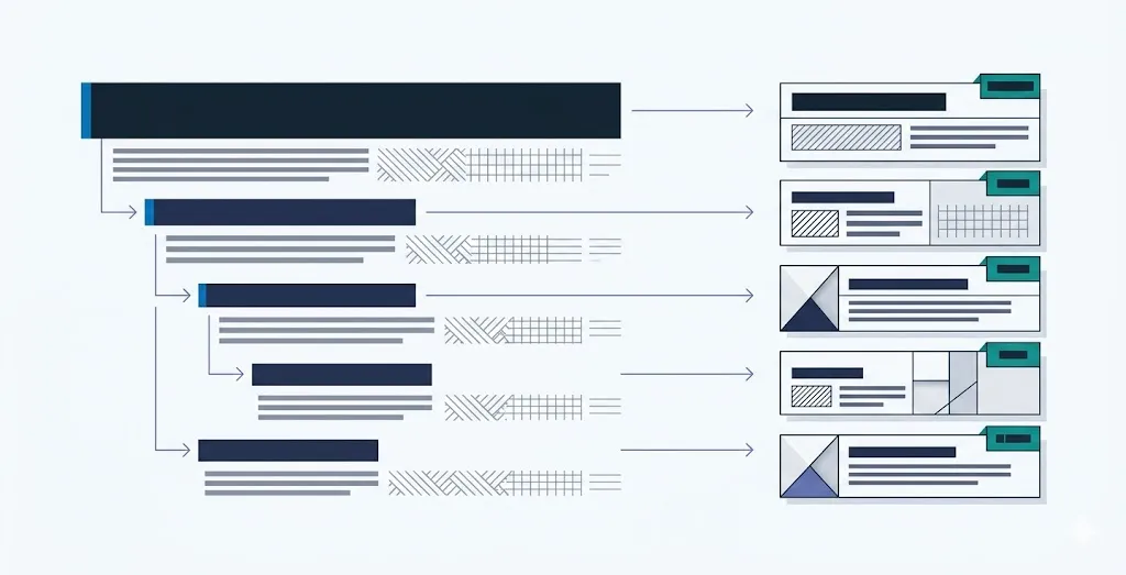 Schema che mostra la gerarchia delle intestazioni di una pagina trasformata in frammenti di contenuto etichettati, dove ogni intestazione fa da contesto del frammento.