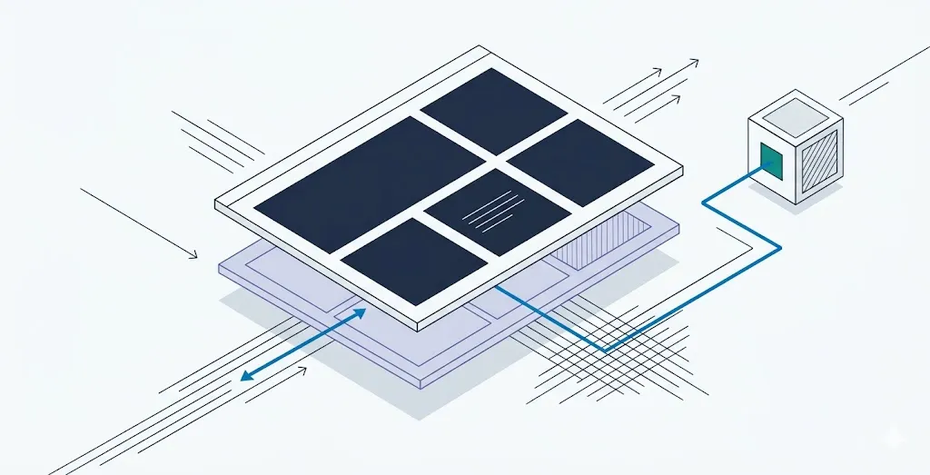 Illustrazione di una pagina web con uno strato nascosto che veicola un'istruzione occulta verso la risposta di un'AI, dietro ai contenuti visibili.
