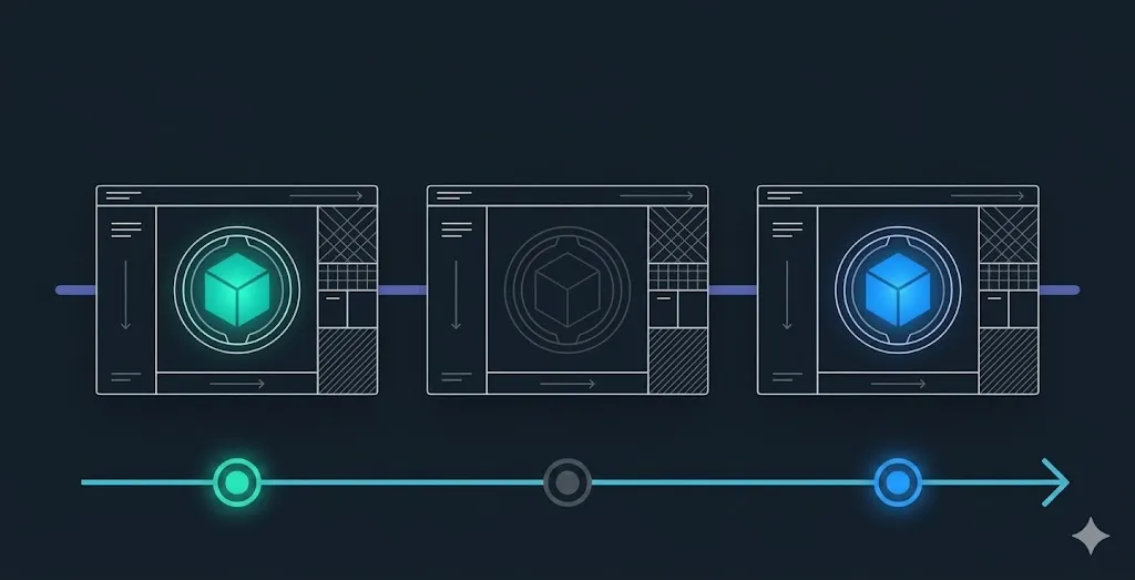 Illustrazione a sequenza temporale di più risposte AI in cui la stessa fonte di marca compare, scompare e ricompare: la volatilità della citazione nel tempo.
