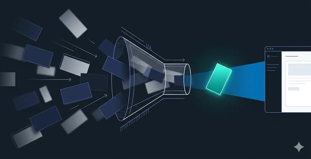 Illustrazione di molte fonti candidate che confluiscono in un imbuto di recupero da cui ne emerge una sola, illuminata e citata nella risposta: come un modello sceglie la fonte.